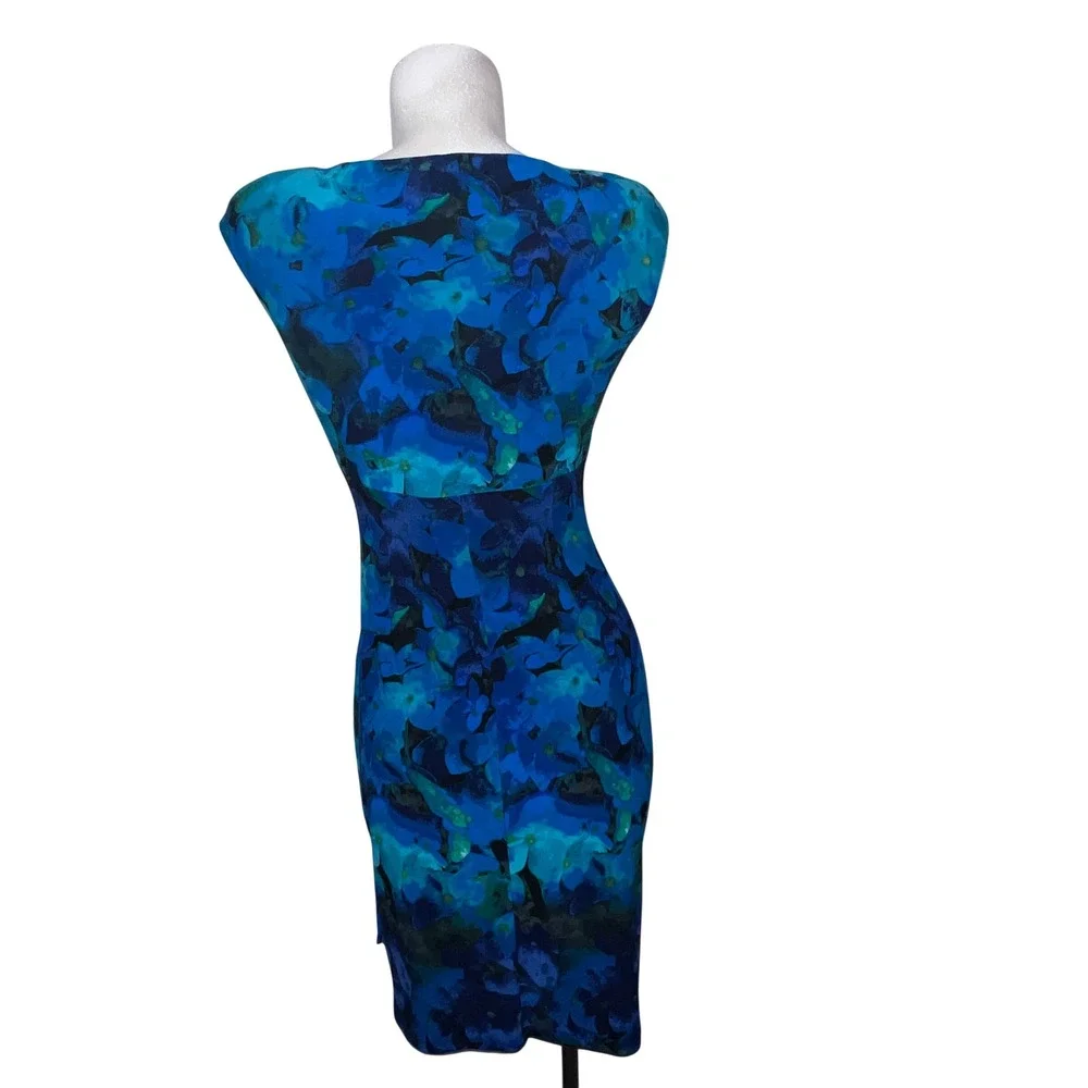 Lauren Ralph Lauren Blue Floral Watercolor Ruched V-Neck Sheath Dress Size 4 - Picture 5 of 8